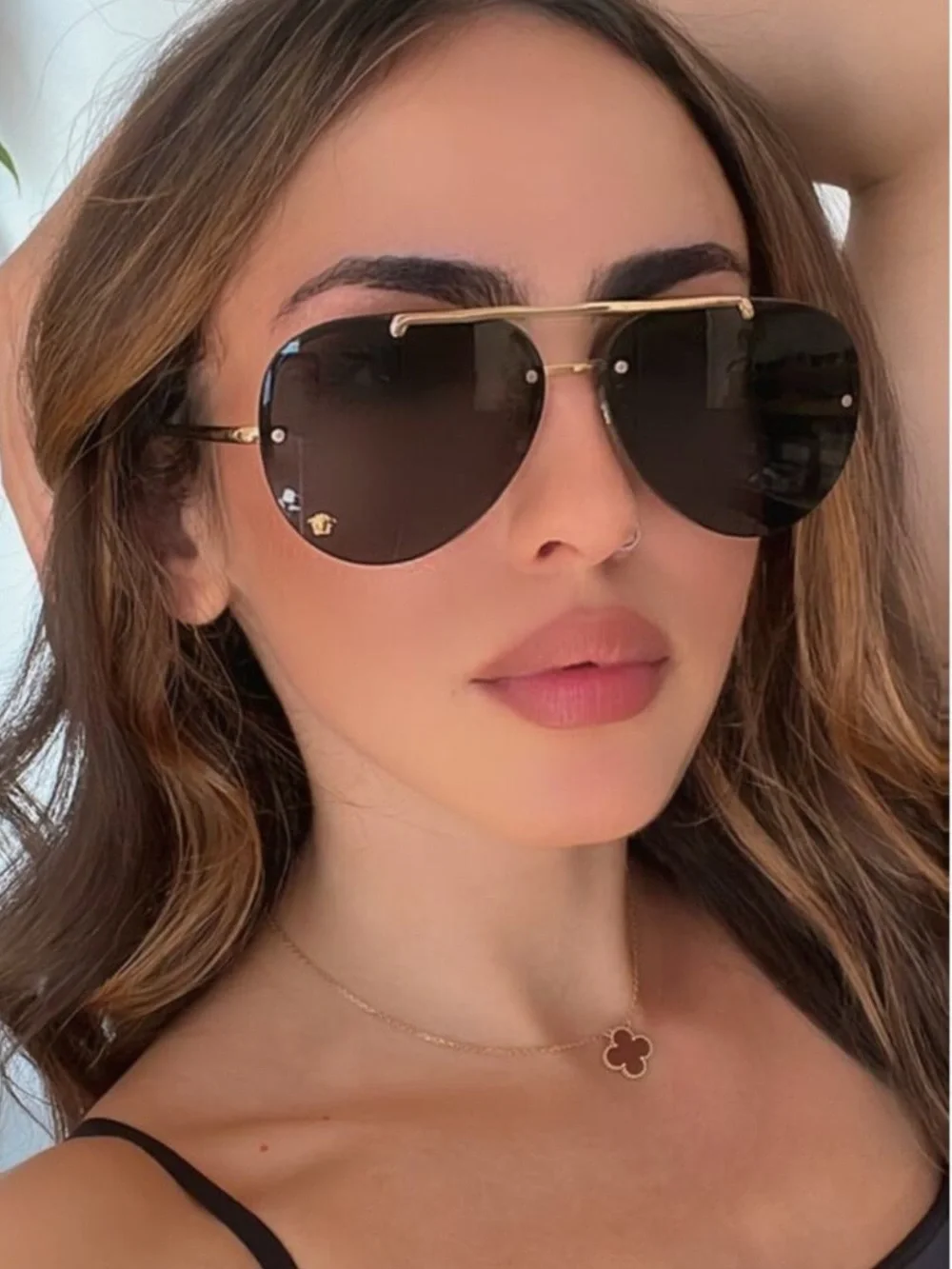 Versace VE2231 Black and Gold Medusa Rimless Aviator Sunglasses with Case
